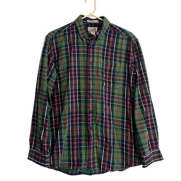 LL Bean Green White Plaid Button Down Shirt Mens Sz Large Traditional Fit Cotton - Picture 1 of 16
